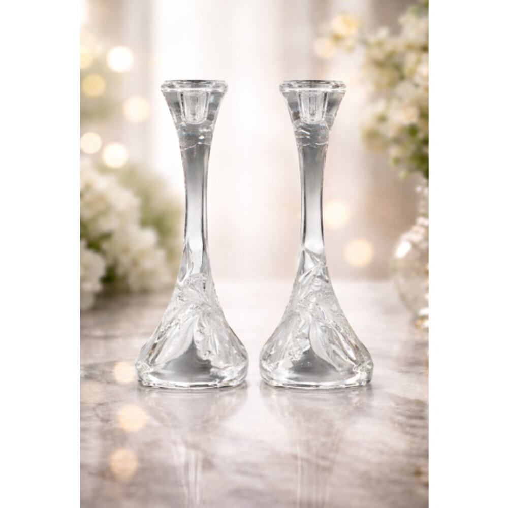 Vintage Etched Crystal Candlesticks Pair 10” Floral Orchid Square Base